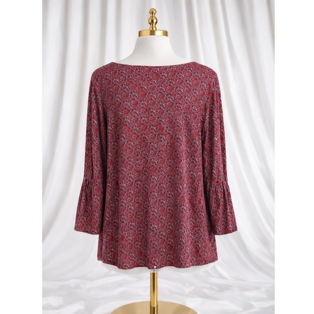 J Jill Popover Top Size Large Red Black Floral Print Soft Modal Knit Bell Slv - Picture 2 of 10